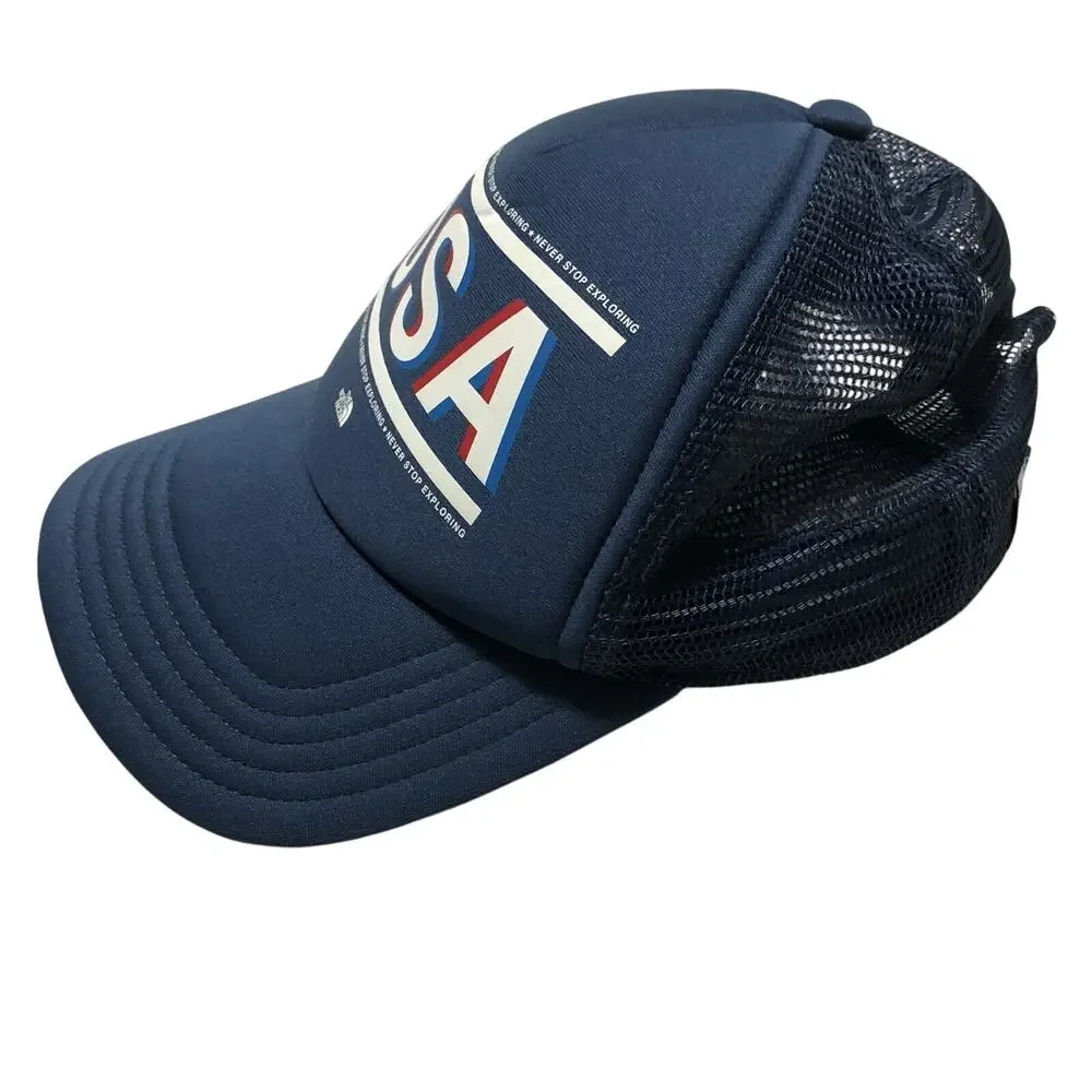 USA Trucker Hat The North Face Snap Strap Cap Mesh Blue Screen Printed Patriotic